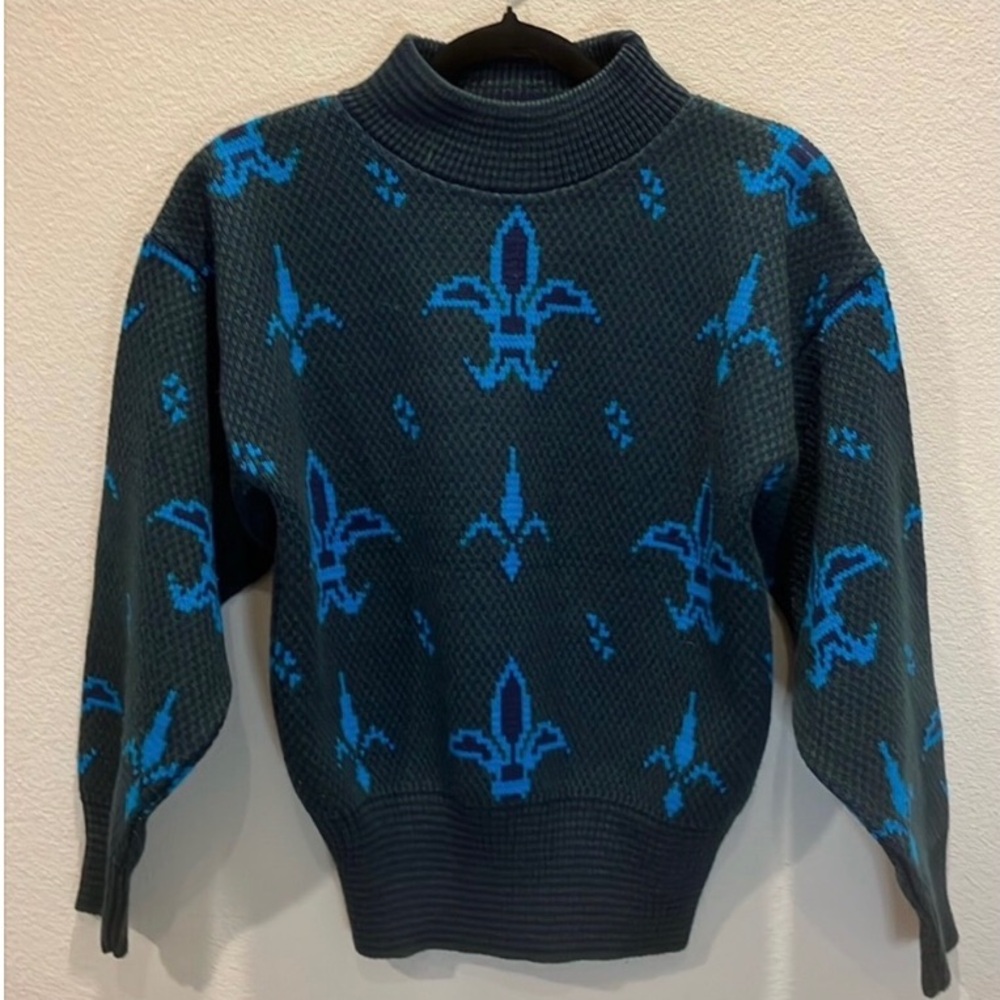 Vintage Jason Maxwell Fleur-De-Lia Black and Blue Sweater